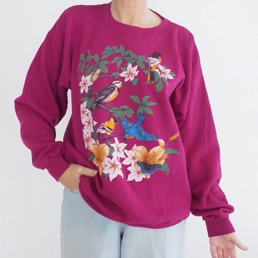 Vintage Cotton Grove Magenta Floral Bird Graphic Tropical Crewneck Sweatshirt L